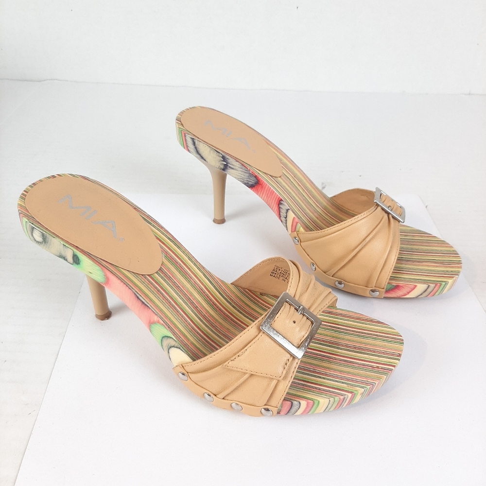 MIA Tan Striped Open-Toe Heels